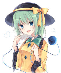 Rule 34 | 1girl, black hat, blouse, blue eyes, blush, bow, breasts, buttons, diamond button, eyeball, frilled shirt collar, frilled sleeves, frills, furrowed brow, hair between eyes, hands up, hat, hat bow, hat ribbon, heart, highres, komeiji koishi, light green hair, long sleeves, looking at viewer, medium hair, open mouth, rena (ke), ribbon, shirt, simple background, small breasts, smile, solo, teeth, third eye, touhou, upper body, upper teeth only, white background, wide sleeves, yellow bow, yellow ribbon, yellow shirt