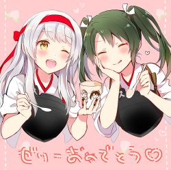 Rule 34 | 2girls, anbutter siruko, blush, closed eyes, green hair, hair between eyes, hair ribbon, headband, heart, holding, holding spoon, japanese clothes, kantai collection, long hair, multiple girls, muneate, one eye closed, open mouth, red headband, ribbon, shoukaku (kancolle), smile, spoon, tasuki, tongue, tongue out, twintails, white hair, white ribbon, yellow eyes, zuikaku (kancolle), zuikaku kai ni (kancolle)