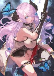 1girl, bangs, blue background, blue eyes, braid, breasts, bug, butterfly, detached sleeves, draph, granblue fantasy, hair between eyes, hair ornament, hair over one eye, hairclip, highres, holding, holding weapon, horns, insect, katana, large breasts, long hair, narmaya (granblue fantasy), open mouth, otsudou, pink hair, pointy ears, sideboob, skindentation, solo, sword, thick thighs, thigh strap, thighhighs, thighs, weapon