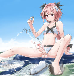 Rule 34 | 1boy, androgynous, astolfo (fate), bar censor, barefoot, bikini, braid, censored, city, crossdressing, cum, destruction, ejaculation, erection, fate/apocrypha, fate/extella, fate/extella link, fate/grand order, fate (series), feet, frilled bikini, frills, giant, giant male, gigantic penis, highres, huge giant, male focus, ocean, penis, pink eyes, pink hair, sitting, solo, spread legs, swimsuit, terada ochiko, testicles, toes, trap