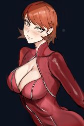 Rule 34 | 1girl, absurdres, black background, blush, bodysuit, breasts, brown hair, closed mouth, cosplay, earrings, highres, jewelry, large breasts, looking at viewer, nero watch, persona, persona 3, persona 5, red bodysuit, short hair, solo, stud earrings, takamaki anne, takamaki anne (cosplay), takeba yukari, upper body