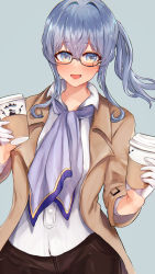 Rule 34 | 1girl, absurdres, bespectacled, black-framed eyewear, blue background, blue eyes, blue hair, blush, brown coat, buttons, coat, coffee cup, commission, cup, disposable cup, glasses, gloves, gotland (kancolle), hair between eyes, half gloves, highres, holding, holding cup, kantai collection, long hair, long sleeves, miyako (rgrayt), mole, mole under eye, open clothes, open coat, open mouth, pixiv commission, shirt, simple background, smile, solo, upper body, white gloves, white shirt