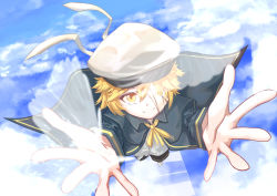 Rule 34 | 1boy, absurdres, bandage on face, bandage over one eye, bandaged foot, bandages, blonde hair, blue capelet, blue jacket, capelet, chinese commentary, cloud, commentary, dal segno (symbol), day, falling, foreshortening, hat, highres, jacket, kylin gin, looking at viewer, male focus, neck ribbon, oliver (vocaloid), one eye covered, outstretched arms, peaked cap, reaching, reaching towards viewer, ribbon, shirt, sky, smile, solo, vocaloid, white hat, white shirt, yellow eyes, yellow ribbon