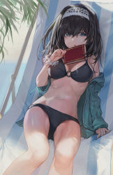 Rule 34 | 10s, 1girl, :o, bare legs, bare shoulders, bikini, black bikini, blue eyes, blush, book, breasts, day, deck chair, denim, eyebrows, foreshortening, highres, holding, holding book, idolmaster, idolmaster cinderella girls, jacket, jeans, long hair, long sleeves, looking at viewer, lying, medium breasts, modare, navel, o-ring, o-ring bikini, o-ring bottom, o-ring top, off shoulder, on back, open clothes, open jacket, outdoors, palm tree, pants, parted lips, plant, sagisawa fumika, scrunchie, solo, stomach, swimsuit, tree, unzipped, wrist scrunchie