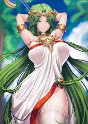 Rule 34 | 1girl, absurdres, armlet, armpits, artist name, breasts, curvy, dress, green eyes, green hair, highres, kid icarus, large breasts, long hair, looking at viewer, nintendo, palutena, rezeharu, solo, staff, thick thighs, thighhighs, thighs, very long hair, white dress, white thighhighs, wide hips