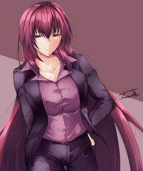 Rule 34 | 1girl, absurdres, breasts, business suit, cleavage, fate/grand order, fate (series), formal, highres, jacket, large breasts, long hair, office lady, purple hair, purple jacket, purple shirt, red eyes, scathach (fate), shirt, shirt tucked in, solo, suit, tgxx3300, very long hair