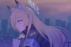 Rule 34 | 1girl, animal ear fluff, animal ears, armband, black jacket, blonde hair, blue archive, blue eyes, building, closed mouth, cup, dog ears, extra ears, halo, highres, holding, holding cup, jacket, kanna (blue archive), light blush, long hair, notched ear, outdoors, railing, sidelocks, skyscraper, smile, solo, steam, tosankaku, upper body