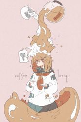 Rule 34 | 1girl, ?, absurdres, brown eyes, brown hair, coffee, cup, english text, haru57928031, highres, long sleeves, medium hair, milk, original, pink background, plate, pouring, shirt, simple background, solo, speech bubble, spoken question mark, white shirt