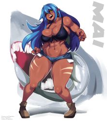 Rule 34 | 1girl, abs, absurdres, bare shoulders, black bra, black sclera, blue hair, blue nails, bra, breasts, bursting breasts, colored sclera, dark skin, earrings, eyelashes, female focus, front-tie top, full body, hair between eyes, highres, jewelry, large breasts, long hair, looking at viewer, muscular, muscular female, nail polish, navel, open mouth, original, pocket, pointy ears, shark, shark girl, sharp teeth, shiny clothes, shiny skin, shoes, short shorts, shorts, skindentation, solo, standing, taiger, teeth, thick thighs, thighs, underwear, wide hips, yellow eyes