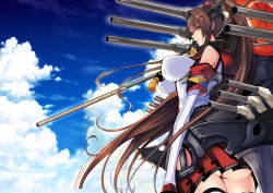 Rule 34 | 10s, 1girl, ass, breasts, brown hair, cannon, cloud, cloudy sky, day, detached sleeves, female focus, flower, hair flower, hair ornament, headgear, highres, kantai collection, large breasts, long hair, looking at viewer, miniskirt, mugenshiki, oil-paper umbrella, ponytail, profile, red eyes, skirt, sky, solo, thighhighs, turret, umbrella, very long hair, white thighhighs, yamato (kancolle)