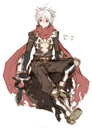 Rule 34 | 1boy, animal ears, armor, armored boots, assassin cross (ragnarok online), boots, brown cape, brown pants, brown shirt, cape, cat boy, cat ears, closed mouth, commentary request, dagger, dated, expressionless, full body, hair between eyes, holding, holding dagger, holding knife, holding weapon, jamadhar, knife, kusabi (aighe), long bangs, looking at viewer, male focus, open clothes, open shirt, pants, pauldrons, ragnarok online, red eyes, red scarf, scarf, shirt, short hair, shoulder armor, simple background, sketch, solo, torn cape, torn clothes, torn scarf, vambraces, waist cape, weapon, white background, white hair