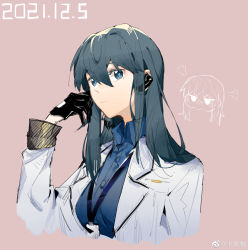Rule 34 | 1girl, absurdres, black gloves, blue eyes, blue hair, blue shirt, bupiyo, chibi, chibi inset, chinese commentary, coat, collared shirt, commentary request, dated, earpiece, female professor (neural cloud), girls&#039; frontline, girls&#039; frontline neural cloud, gloves, hair between eyes, highres, lab coat, lantern, long hair, long sleeves, looking at viewer, pink background, professor (neural cloud), shirt, simple background, upper body, weibo watermark, white coat