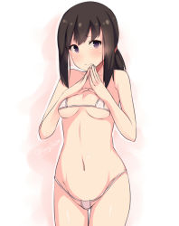 Rule 34 | 10s, 1girl, bikini, black hair, breasts, brown hair, covered erect nipples, cowboy shot, embarrassed, fubuki (kancolle), groin, highres, kantai collection, looking at viewer, low ponytail, micro bikini, navel, outline, own hands together, ponytail, purple eyes, raised eyebrows, scrunchie, shuuichi, sidelocks, small breasts, solo, standing, steepled fingers, stomach, string bikini, swimsuit, thigh gap, twitter username, white bikini