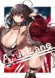 Rule 34 | 1girl, absurdres, ahoge, armpits, azur lane, bikini, black bikini, black choker, black hair, black thighhighs, blush, breasts, choker, cleavage, closed mouth, commentary, copyright name, covered erect nipples, cowboy shot, eyewear on head, glint, hair between eyes, highres, iparupua, jacket, large breasts, leaning forward, light particles, lips, long hair, looking at viewer, official alternate costume, open clothes, open jacket, race queen, red eyes, red jacket, sagging breasts, skindentation, smile, solo, string bikini, swimsuit, taihou (azur lane), taihou (enraptured companion) (azur lane), thigh strap, thighhighs, twintails