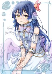 Rule 34 | 1girl, angel wings, armband, blue hair, border, bow, butterfly hair ornament, cowboy shot, dress, english text, flower, hair flower, hair ornament, hairclip, happy birthday, highres, long hair, looking at viewer, love live!, love live! school idol project, prr 1101, simple background, sleeveless, sleeveless dress, smile, solo, sonoda umi, white background, wings, yellow eyes