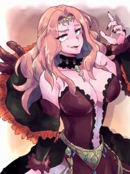 Rule 34 | 1girl, bare shoulders, black nails, blue eyes, breasts, center opening, circlet, cleavage, collarbone, cornelia arnim, cowboy shot, detached sleeves, dress, feather trim, feathers, fingernails, fire emblem, fire emblem: three houses, forehead jewel, fur cuffs, gorget, hand up, highres, jewelry, key, key necklace, large breasts, long hair, looking at viewer, mature female, nail polish, navel, necklace, nintendo, pink hair, plunging neckline, same buncho, simple background, smile, solo