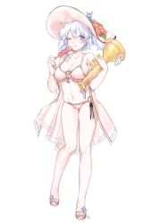 Rule 34 | 1girl, ;), bare arms, bare legs, bare shoulders, bikini, blue hair, blue nails, breasts, cleavage, collarbone, fingernails, flower, food, frilled bikini, frills, full body, hair between eyes, hat, hat flower, hibiscus, highres, holding, holding food, holding instrument, instrument, large breasts, medium hair, merlin prismriver, multicolored hair, nail polish, navel, o-ring, o-ring bikini, o-ring bottom, o-ring top, one eye closed, pink bikini, pink footwear, pink hat, popsicle, red flower, sandals, shan, simple background, smile, solo, source request, standing, stomach, swimsuit, toenail polish, toenails, touhou, trumpet, white background, white hair