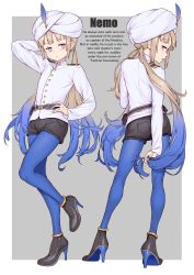 Rule 34 | 1boy, absurdres, black footwear, blue eyes, blue hair, blue pantyhose, blunt bangs, blush, captain nemo (fate), english text, fate/grand order, fate (series), from behind, grey background, high heels, highres, jairou, long hair, long sleeves, looking back, male focus, multicolored hair, nemo (fate), pantyhose, shoes, shorts, simple background, solo, standing, standing on one leg, trap, twintails