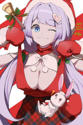 Rule 34 | 1girl, absurdres, blue archive, breasts, doll, gloves, grapy, hanae (blue archive), hanae (christmas) (blue archive), highres, large breasts, one eye closed, oppai loli, purple hair, rabbit, red gloves, santa costume, solo, twintails