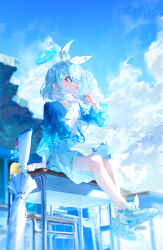 Rule 34 | 1girl, arona (blue archive), bare legs, blue archive, blue hair, blue shirt, blue sky, blue theme, bow, bowtie, choker, colored inner hair, desk, full body, hair bow, halo, highres, long sleeves, looking up, multicolored hair, on desk, parted lips, pink hair, quasarcake, sailor collar, school desk, shirt, sitting, on desk, skirt, sky, solo, two-tone hair, umbrella, white bow, white bowtie, white choker, white footwear, white sailor collar, white skirt, white umbrella