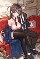 Rule 34 | 1boy, 1girl, breasts, highres, kanojo okarishimasu, looking at viewer, mizuhara chizuru, nakano umi, nipples, piyo (pixiv 2308057), sitting