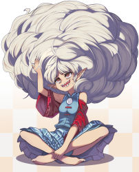 Rule 34 | 1girl, bare shoulders, barefoot, big hair, blue dress, commentary request, detached sleeves, dress, earrings, frilled skirt, frills, full body, highres, indian style, jewelry, pointy ears, red eyes, red sleeves, sharp teeth, shirt, sitting, skirt, solo, syope, teeth, touhou, sunken fossil world, toutetsu yuuma, white hair, white shirt
