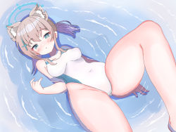 Rule 34 | 1girl, animal ear fluff, animal ears, blue archive, blue eyes, commentary request, competition swimsuit, cross hair ornament, extra ears, feet out of frame, grey hair, hair ornament, halo, highres, kannagi (fate55), looking at viewer, lying, medium hair, mismatched pupils, multicolored clothes, multicolored swimsuit, one-piece swimsuit, partially submerged, shiroko (blue archive), shiroko (swimsuit) (blue archive), solo, swimsuit, water, white one-piece swimsuit