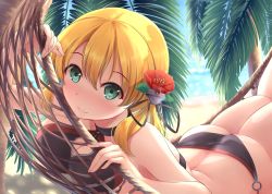 Rule 34 | 10s, 1girl, adapted costume, anchor hair ornament, aqua eyes, ass, beach, bikini, blonde hair, breasts, cleavage, cleavage cutout, clothing cutout, day, flower, hair flower, hair ornament, hammock, highres, kantai collection, medium breasts, nicoby, no headwear, no headwear, palm tree, prinz eugen (kancolle), smile, solo, swimsuit, tree, twintails