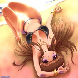 Rule 34 | 1girl, armpits, barefoot, beach, bikini, bracelet, breasts, brown hair, dr rex, dutch angle, covered erect nipples, jewelry, long hair, lying, medium breasts, navel, necklace, original, pink eyes, solo, swimsuit, thigh gap, upside-down