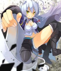 Rule 34 | 10s, 1girl, animal ears, armor, axe, braid, breasts, cat ears, cat girl, cat tail, cleavage, denim, denim shorts, dog days, female focus, fingerless gloves, gloves, grin, leonmitchelli galette des rois, long hair, midriff, navel, shorts, silver hair, smile, solo, tail, weapon, yellow eyes