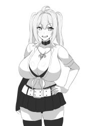 Rule 34 | 1girl, :d, ahoge, belt collar, black collar, black skirt, black thighhighs, blush, borrowed character, breasts, cleavage, collar, cowboy shot, front-tie top, greyscale, hand on own hip, huge breasts, jewelry, long hair, looking at viewer, miniskirt, monochrome, necklace, open mouth, original, saaya (kirome), short sleeves, skirt, skull necklace, smile, solo, tawashi1623, thighhighs, twintails, virtual youtuber