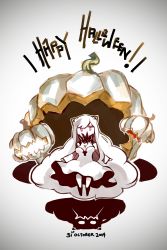 Rule 34 | 10s, 1girl, 2014, absurdres, abyssal ship, big hair, breasts, chibi, cleavage, covered mouth, dated, deel (rkeg), dress, hairpods, halloween, happy halloween, highres, jack-o&#039;-lantern, kantai collection, long hair, midway princess, pale skin, red eyes, solo, strapless, strapless dress, very long hair, white dress, white hair
