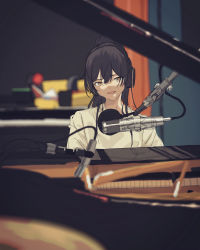 Rule 34 | 1girl, absurdres, black hair, blurry, blurry background, blurry foreground, depth of field, grand piano, headphones, highres, idolmaster, idolmaster shiny colors, indoors, instrument, looking away, microphone, music, piano, playing instrument, ponytail, pop filter, recording, recording studio, shirase sakuya, shirt, singing, solo, soutou nagi, upper body, white shirt