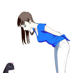 Rule 34 | 1girl, agepanda, arms behind back, bird, blue shirt, brown eyes, brown hair, eye contact, highres, leaning forward, long hair, looking at animal, looking at another, onee-san (penguin highway), pants, penguin, penguin highway, shirt, short sleeves, simple background, smile, solo, standing, white background, white pants