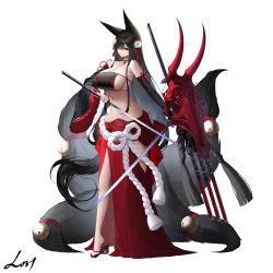 Rule 34 | 1girl, absurdres, an yasuri, animal ears, banned artist, bell, bikini, black hair, black tail, breasts, cleavage, feet, flower, fox ears, fox girl, fox tail, full body, hair flower, hair ornament, hair over one eye, highres, holding, holding sword, holding weapon, katana, large breasts, legs, looking at viewer, multiple tails, navel, original, red bikini, red eyes, rope, shoes, signature, simple background, solo, standing, swimsuit, sword, tail, tail bell, tail ornament, thighs, weapon, white background
