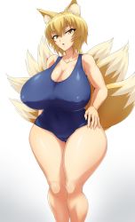 Rule 34 | 1girl, :o, animal ears, bare shoulders, blonde hair, blue one-piece swimsuit, breasts, brown eyes, cameltoe, cleavage, collarbone, covered erect nipples, covered navel, curvy, fox ears, fox tail, gradient background, grey background, hair between eyes, hand on own hip, highres, hip focus, huge breasts, jadf, kitsune, legs together, looking at viewer, multicolored eyes, multiple tails, old school swimsuit, one-piece swimsuit, parted lips, school swimsuit, short hair, simple background, slit pupils, solo, standing, swimsuit, tail, thick thighs, thighs, touhou, white background, wide hips, yakumo ran, yellow eyes