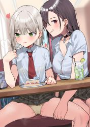 Rule 34 | 2girls, assisted exposure, blush, breasts, brown hair, button gap, cake, choker, cleavage, collared shirt, cup, diner, drink, drinking glass, drinking straw, ear piercing, eating, food, fork, green eyes, grey hair, groin, hand on another&#039;s thigh, heart, highres, holding, holding fork, long hair, looking to the side, medium breast, mole, mole on thigh, mole under eye, motto notto, multiple girls, necktie, original, panties, piercing, pink hair, plaid, plaid skirt, presenting another, red necktie, school uniform, shirt, short hair, short sleeves, sitting, skirt, spread legs, sweatdrop, table, thighs, unde, under table, underwear, upskirt, yellow panties