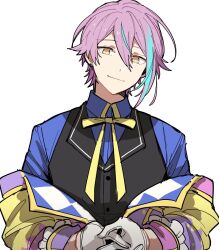 Rule 34 | 1boy, black vest, blue hair, blue shirt, buttons, closed mouth, coat, collared shirt, earrings, gloves, head tilt, highres, hoshi-toge, jewelry, kamishiro rui, long sleeves, looking at viewer, male focus, multicolored hair, neck ribbon, off shoulder, project sekai, purple coat, purple hair, ribbon, shirt, simple background, smile, solo, streaked hair, vest, white background, white gloves, yellow eyes, yellow ribbon