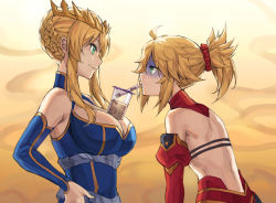 Rule 34 | 2girls, ahoge, artoria pendragon (fate), artoria pendragon (lancer) (fate), back, blonde hair, blue dress, blue ribbon, braid, breast envy, breasts, bubble tea, bubble tea challenge, cleavage, collar, crown, cup, detached sleeves, dress, drinking straw, fate/apocrypha, fate/grand order, fate (series), french braid, green eyes, hair bun, hair ornament, hair scrunchie, hands on own hips, height difference, highres, hunched over, large breasts, mature female, mordred (fate), mordred (fate/apocrypha), mother and daughter, multiple girls, profile, red collar, red scrunchie, red skirt, ribbon, scrunchie, shaded face, sidelocks, single hair bun, skirt, small breasts, smile, tonee, turn pale