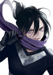 Rule 34 | 1boy, androgynous, armor, black gloves, black hair, facial mark, folded ponytail, gloves, grey eyes, hair between eyes, looking at viewer, male focus, ninja, one-punch man, onsoku no sonic, parted lips, scarf, simple background, smile, solo, uma (i-boh), upper body, v-neck, white background