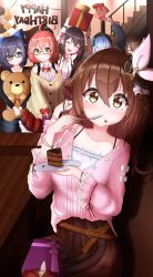 Rule 34 | 6+girls, a-chan (hololive), absurdres, ahoge, ankimo (tokino sora), azki (3rd costume) (hololive), azki (hololive), bare shoulders, box, brown eyes, brown hair, cake, chocolate cake, closed eyes, collarbone, collared shirt, commentary request, detached collar, detached sleeves, eating, food, gift, gift box, glasses, happy birthday, highres, hololive, hoshimachi suisei, looking at viewer, multiple girls, roboco-san, sakura miko, sakura miko (casual), shiori (pixiv11239358), shirt, table, tokino sora, tokino sora (casual), virtual youtuber, wooden table