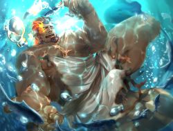 Rule 34 | 1boy, air bubble, bara, bare pectorals, beard, beckoning, bisen (mirion ray), bubble, burnt clothes, cloak, dark-skinned male, dark skin, eyebrow cut, facial hair, fish, flaming eye, from below, hephaestus (housamo), highres, large pectorals, male focus, muscular, muscular male, naked cloak, nipples, open mouth, pectorals, red eyes, scar, scar on chest, short hair, solo, sunlight, thick eyebrows, thick thighs, thighs, tokyo houkago summoners, underwater