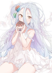 Rule 34 | 1girl, bare arms, bare shoulders, blue flower, blush, brown eyes, character doll, commentary request, covered mouth, doll, dress, flower, green flower, grey hair, hair between eyes, hair bun, hair flower, hair ornament, hands up, highres, holding, holding doll, long hair, no game no life, red flower, shin no tenpii, shiro (no game no life), side bun, simple background, single hair bun, single side bun, sitting, solo, very long hair, white background, white dress