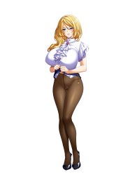Rule 34 | 1girl, absurdres, aikawa arisa, blonde hair, blue eyes, blush, breasts, brooch, clothes lift, frown, full body, gusset, highres, huge breasts, jewelry, lifting own clothes, long hair, matsubara miria, panties, panties under pantyhose, pantyhose, skirt, skirt lift, solo, transparent background, underwear