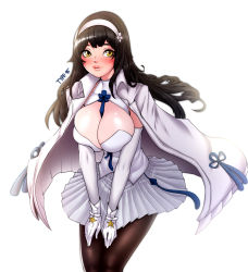 Rule 34 | 1girl, akchu, between breasts, black hair, blue ribbon, blunt bangs, blush, breasts, brown pantyhose, character name, cleavage, cleavage cutout, closed mouth, clothing cutout, cowboy shot, detached sleeves, eyelashes, flower, girls&#039; frontline, gloves, hair flower, hair ornament, hairband, halterneck, hands on lap, highres, jacket, jacket on shoulders, large breasts, long hair, long sleeves, miniskirt, open clothes, open jacket, pantyhose, pink lips, pleated skirt, ribbon, shiny skin, shirt, simple background, skin tight, skirt, sleeveless, smile, solo, standing, turtleneck, type 95 (girls&#039; frontline), white background, white gloves, white hairband, white skirt, yellow eyes