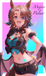 Rule 34 | 1girl, absurdres, animal ears, black gloves, black shorts, blue eyes, border, breasts, brown hair, character name, cleavage, commentary request, cowboy shot, elbow gloves, gloves, gradient background, hand on own hip, highres, horns, horse ears, horse girl, horse tail, kento (kentdrawing), large breasts, looking at viewer, mejiro palmer (devil in the moonlight) (umamusume), mejiro palmer (umamusume), midriff, multicolored hair, multicolored nails, nail polish, navel, official alternate costume, open mouth, shorts, single glove, smile, solo, streaked hair, tail, teeth, thigh strap, umamusume, v, white border, white hair