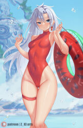 Rule 34 | 1girl, :o, a (xenoblade), artist name, bare shoulders, blue eyes, blue sky, blush, breasts, competition swimsuit, covered navel, day, earrings, feet out of frame, grey hair, groin, highleg, highleg swimsuit, highres, holding, holding swim ring, innertube, jewelry, long hair, looking at viewer, monolith soft, one-piece swimsuit, outdoors, parted lips, red one-piece swimsuit, single earring, skindentation, sky, small breasts, solo, sparkle, standing, swim ring, swimsuit, thigh strap, very long hair, xeno (series), xenoblade chronicles (series), xenoblade chronicles 3, xenoblade chronicles 3: future redeemed, z-ki