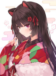 Rule 34 | 1girl, absurdres, animal ears, black hair, closed mouth, commentary request, dog ears, floral print, flower, fur trim, hair ornament, heterochromia, highres, inui toko, japanese clothes, kei-chan (ultimatekeichan), kimono, long hair, long sleeves, looking at viewer, multicolored clothes, multicolored kimono, nail polish, nijisanji, pink nails, print kimono, red eyes, red flower, red kimono, red ribbon, ribbon, solo, upper body, virtual youtuber, white background, wide sleeves