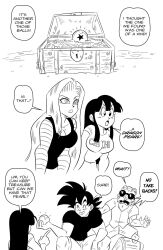 Rule 34 | 2boys, 2girls, android 18, bald, beard, black eyes, black hair, black shirt, breasts, chi-chi (dragon ball), cleavage, dragon ball, dragon ball (object), dragonball z, english text, facial hair, funsexydb, greyscale, highres, large breasts, long hair, monochrome, multiple boys, multiple girls, mustache, muten roushi, name on shirt, navel, old, old man, shirt, son goku, spiked hair, striped sleeves, treasure, treasure chest