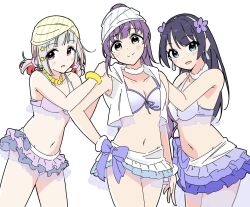 Rule 34 | 3girls, ayase eli, ayase eli (cosplay), bandana, bead bracelet, beads, bikini, bikini skirt, blue eyes, blue hair, blush, bracelet, breasts, cleavage, collarbone, commentary request, cosplay, cowboy shot, cropped jacket, dark blue hair, diagonal bangs, flower, flower hairband, frilled bikini, frills, front-tie bikini top, front-tie top, fur choker, gradient bikini, green eyes, grey hair, hair ornament, hair scrunchie, hairband, hand on another&#039;s shoulder, high ponytail, jacket, jewelry, link! like! love live!, llkapital, long hair, love live!, love live! school idol project, low twintails, medium breasts, medium hair, mole, mole on neck, multicolored hair, multiple girls, murano sayaka, natsuiro egao de 1 2 jump!, navel, otomune kozue, pink eyes, ponytail, purple bikini, purple flower, purple hair, purple scrunchie, red hair, scrunchie, short twintails, sidelocks, simple background, sleeveless, sleeveless jacket, sonoda umi, sonoda umi (cosplay), stomach, streaked hair, striped bandana, swimsuit, tojo nozomi, tojo nozomi (cosplay), twintails, virtual youtuber, white background, white bandana, white hairband, white jacket, yugiri tsuzuri